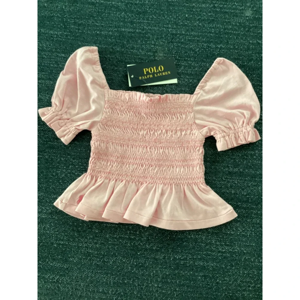Polo Ralph Lauren Girls Nantucket Pink Smocked Peplum Puff Sleeve Top Size 4 NWT
